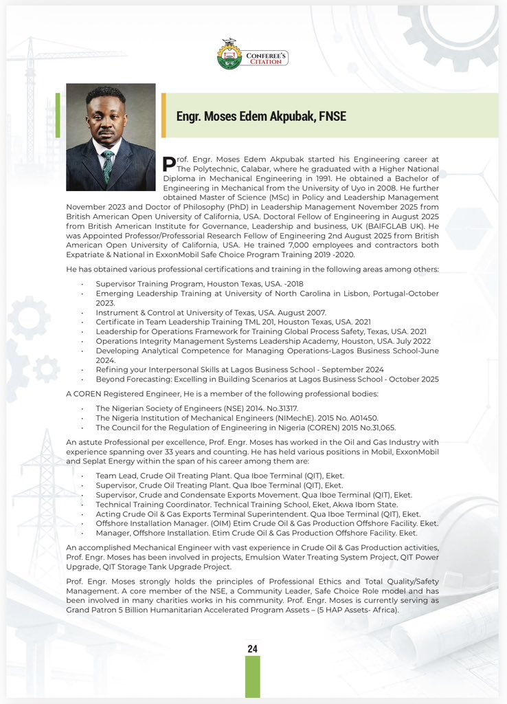 mosesakpubak's tweet photo. OBONG PROF. ENGR. MOSES AKPUBAK FNSE (FELLOW NIGERIAN SOCIETY OF ENGINEERS).
#obongprofengrmosesakpubak https://t.co/dwC1Nod0DW