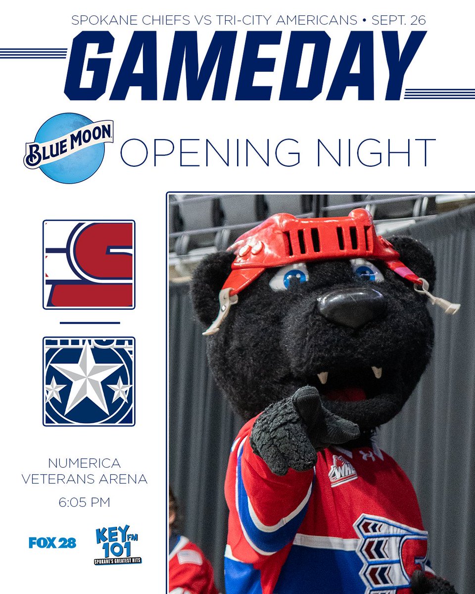spokanechiefs's tweet photo. 🆚 @TCAmericans 
🏟  Numerica Veterans Arena
🕛 6:05 p.m.
🎙 Key 101 FM
📺 https://t.co/qUGEsF3oor
📊 https://t.co/4Fn2RBtYQ4
🎟 https://t.co/Nqobap7wEm

#GoChiefsGo https://t.co/sxvPJV0kBf