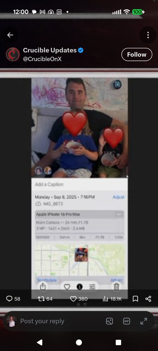 A_Happy_Coma's tweet photo. 🚨🚨SOLVED🚨🚨 in September 2024 Charlie was home watching a bears game. In September 2025 he was also at home watching a bears game. In 2024 he was wearing a white shirt, and in 2025 he was wearing a black shirt. In 2024 Erika was with him, and in 2025 she was not. 

The video that's circulating that supposedly has Erika Kirk's voice was shot in 2024 not 2025. And the reason why it's cropped is so that we won't notice that Charlie's wearing a white shirt instead of a black shirt. 

So whoever sent this to Andrew knew that they were lying. And either Andrew knows it's a lie or he's stupid. Either way though this is so damning. They include a picture with the metadata. That is correct. He's wearing a black shirt in 2025 with the kids. But they cropped the video with Erica's voice because in that video he's wearing a white shirt because it was filmed in 2024 not 2025. 

If I'm wrong, then release the video uncropped that has Erika's supposed voice, so we can see what color shirt Charlie is wearing. 

@RealCandaceO 
@baroncoleman 
@paleochristcon 
@AndrewKolvet 
@MrsErikaKirk