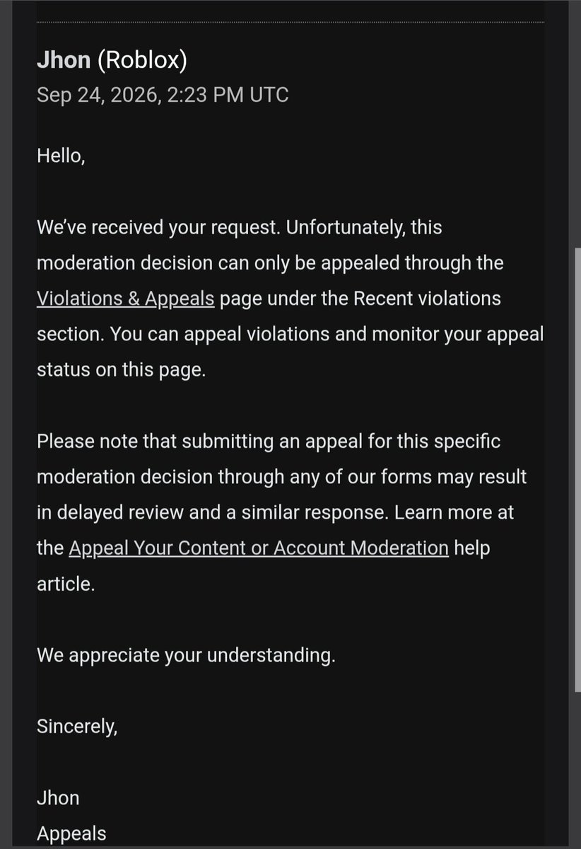 Maldito_Alem's tweet photo. @Roblox redirects me to appeal through the app, only to send automated replies claiming the 30-day window has expired—even though appeals were submitted on time! 🔄
​You're trapping players in endless bot loops with zero real review. See proof below 👇 #Roblox $RBLX @Roblox_RTC https://t.co/ZfJM85ign3