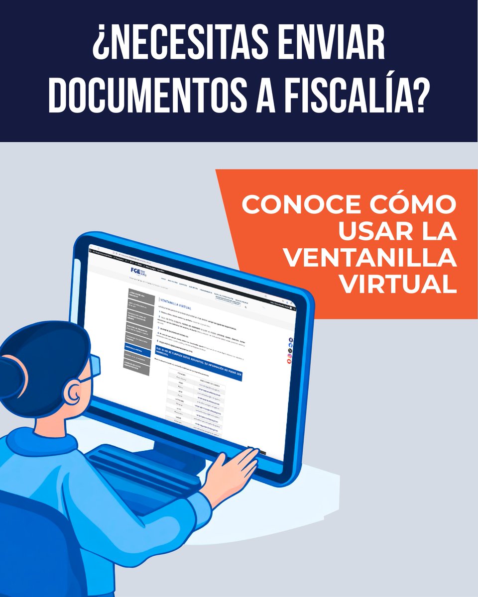 FiscaliaEcuador's tweet photo. La #VentanillaVirtual es un canal habilitado por #FiscalíaEc para que los usuarios remitan oficios y comunicaciones en formato PDF a la dirección electrónica asignada en cada provincia.
Requisitos y direcciones 🔽
https://t.co/FBAQyicHpZ https://t.co/NRsAdMxv7L