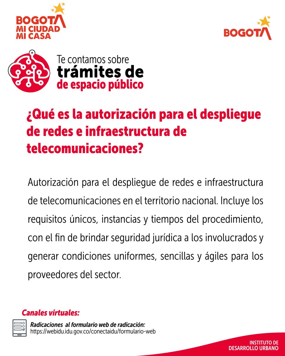 idubogota's tweet photo. Obtén la autorización para el despliegue de redes e infraestructura de telecomunicaciones en el espacio público y bienes fiscales administrados por el IDU.

Presenta tu solicitud de forma digital a través del canal habilitado:
📌 https://t.co/MglHYKPmPt https://t.co/a8O3REmZ4M