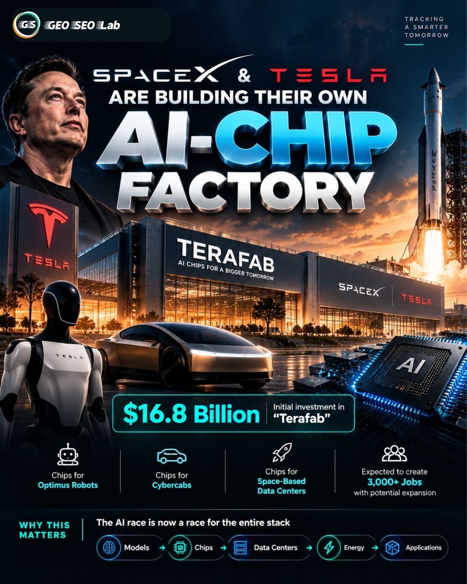 GEO_SEO_Lab's tweet photo. SpaceX and Tesla are reportedly planning Terafab, a major semiconductor complex in Texas with an initial investment of $16.8 billion.

The AI race is evolving.

From models to infrastructure. From software to the entire stack.

#AI #AIChip #SpaceX #Tesla #Terafab #GEOSEOLab https://t.co/8uU27J3wAN