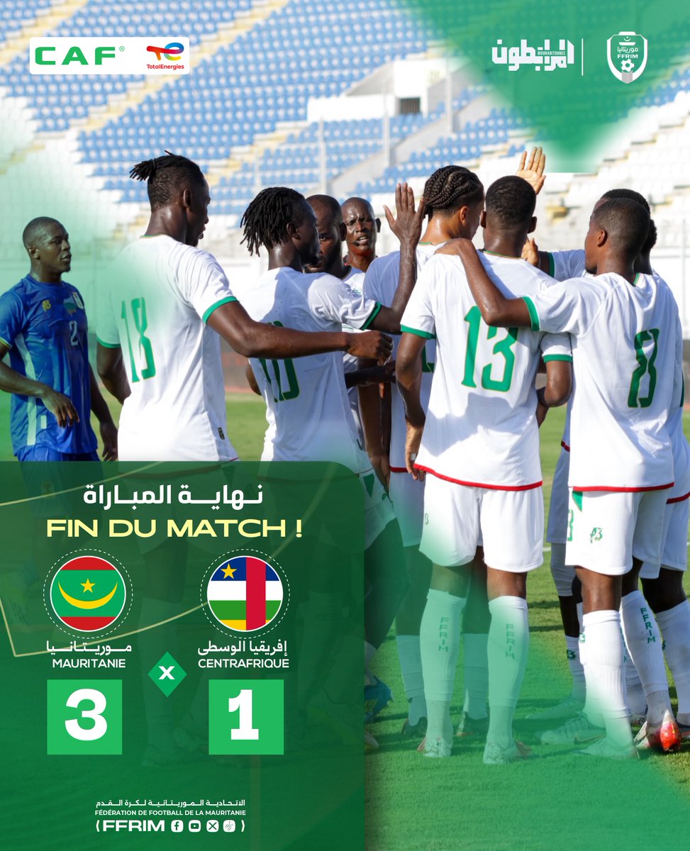 ffrim's tweet photo. 🚨 | Les Mourabitounes 🇲🇷 lancent leur campagne de qualification pour la CAN 2027 par une victoire importante face à la République centrafricaine 🇨🇫 et empochent les trois points !

Prochain rendez-vous face au Bénin 🇧🇯, le 29 septembre à Abidjan. https://t.co/HqFdR1sh3h