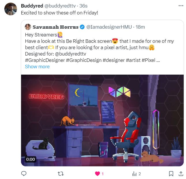 IamadesignerHMU's tweet photo. Hey Streamers🙋♀️
Have a look at this 😍 that I made for one of my best client 💖 @buddyredttv
#GraphicDesign #designer #artist #Pixel #Illustrator #twitch #kick #screens #animated #art https://t.co/rFZVJgV6f2
