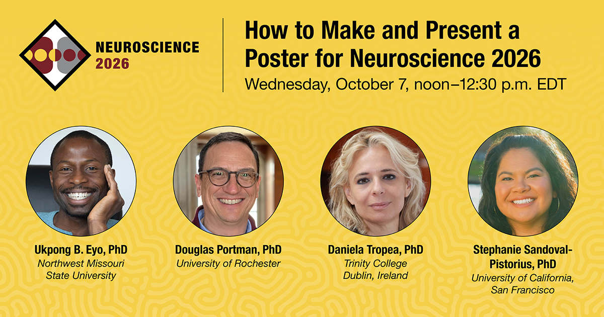 NeuronlineSfN's tweet photo. Preparing to present a poster at #SfN26? Join this 30-minute Q&amp;A for practical tips on poster design, audience engagement, navigating questions, and follow-up. Before attending, view the on-demand webinar, "How to Make and Present a Poster for Neuroscience 2025." https://t.co/HFlU9u6Nx9