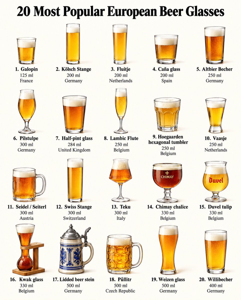 TheDataHubX's tweet photo. 20 Most Popular European Beer Glasses

1. Galopin - 125 ml - France
2. Kölsch Stange - 200 ml - Germany
3. Fluitje - 200 ml - Netherlands
4. Caña glass - 200 ml - Spain
5. Altbier Becher - 250 ml - Germany
6. Pilstulpe - 300 ml - Germany
7. Half-pint glass - 284 ml - United Kingdom
8. Lambic Flute - 250 ml - Belgium
9. Hoegaarden hexagonal tumbler - 250 ml - Belgium
10. Vaasje - 250 ml - Netherlands
11. Seidel / Seiterl - 300 ml - Austria
12. Swiss Stange - 300 ml - Switzerland
13. Teku - 300 ml - Italy
14. Chimay chalice - 330 ml - Belgium
15. Duvel tulip - 330 ml - Belgium
16. Kwak glass - 330 ml - Belgium
17. Lidded beer stein - 500 ml - Germany
18. Půllitr - 500 ml - Czech Republic
19. Weizen glass - 500 ml - Germany
20. Willibecher - 400 ml - Germany

Source: Rastal, Teku, Wikipedia.