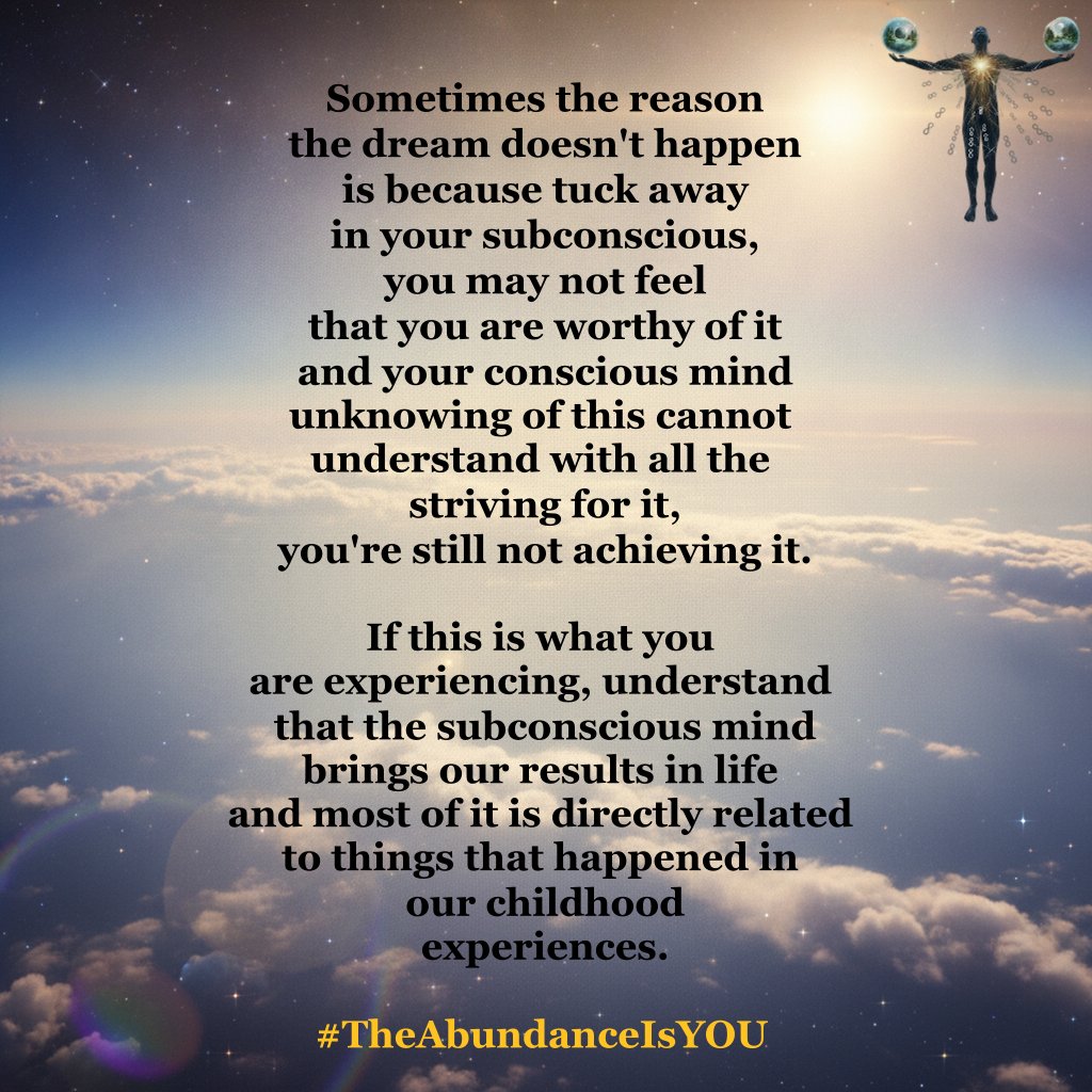 DonnieceGSmith's tweet photo. Sometimes the reason the dream doesn't happen is because tuck away in your subconscious you...

#conciousmind #subconscious #results #morethanenough #wholeness https://t.co/tgCAeC6lpj