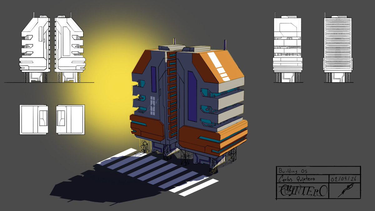 K_I_R_I_M_E_A's tweet photo. Aquí algunos de los model sheets para los diseños de los edificios que use en mi última ilustración alv #conceptart #modelsheet #photoshop #cyberpunk #scifi https://t.co/llqoYVq2CR