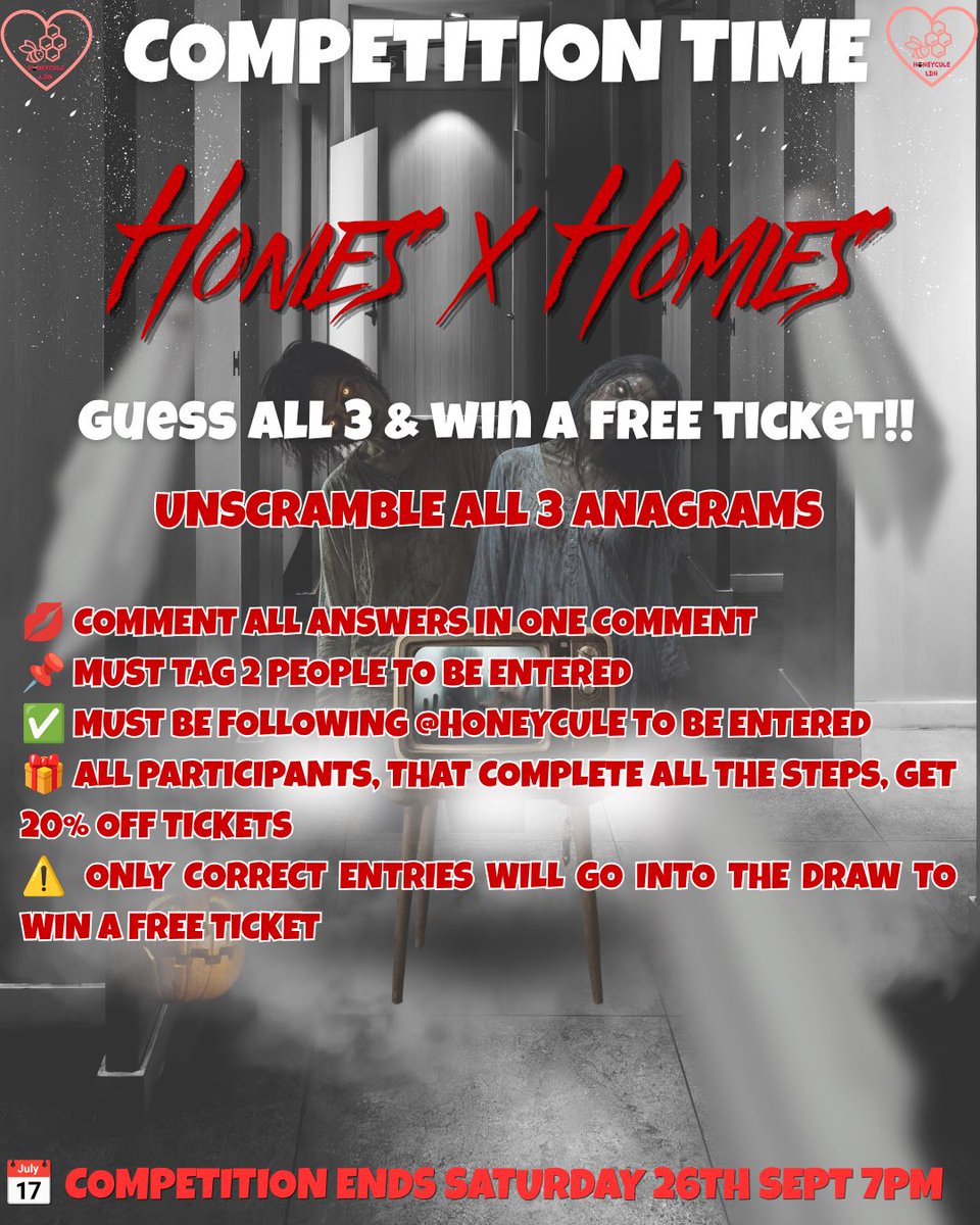 Honeycule's tweet photo. ⚠️ COMPETITION TIME ⚠️

Get all 3 right &amp; you could be coming to Honies x Homies for FREE!

Unscramble the anagrams

Comp ends Saturday 7pm 🕛

💬 Comment all 3 answers in 1 reply
✅ Must be following us
🏷️ Must tag 2 friends 
🐝 Must be a HC Member 

Read pics for rules ‼️ https://t.co/DGi4wWdTrh