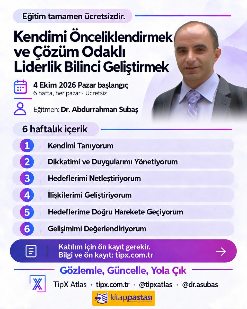 TypeXatlas's tweet photo. ÜCRETSİZ 6 HAFTALIK ATÖLYE: 
Yüz yüze ve Online Seçenekli 

"Kendimi Önceliklendirmek ve Çözüm Odaklı Liderlik Bilinci Geliştirmek"

🌐 Bilgi ve ön kayıt:  https://t.co/vfdA8vuBpc

Gözlemle, Güncelle, Yola Çık

#Koçluk #Liderlik #DuygusalZeka #Mindfulness #Enneagram #atölye https://t.co/PUpLN9w8lI