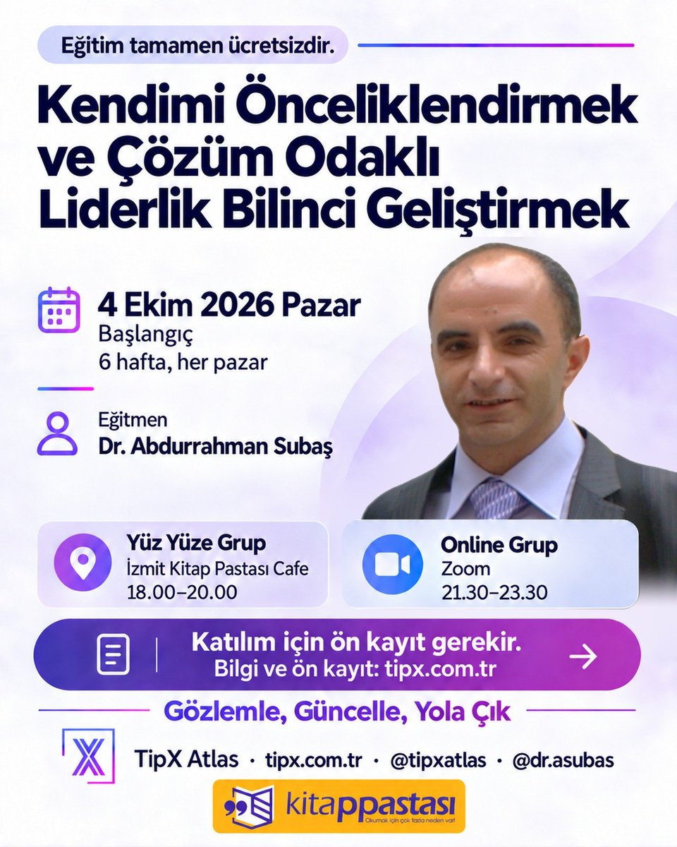 TypeXatlas's tweet photo. ÜCRETSİZ 6 HAFTALIK ATÖLYE: 
Yüz yüze ve Online Seçenekli 

"Kendimi Önceliklendirmek ve Çözüm Odaklı Liderlik Bilinci Geliştirmek"

🌐 Bilgi ve ön kayıt:  https://t.co/vfdA8vuBpc

Gözlemle, Güncelle, Yola Çık

#Koçluk #Liderlik #DuygusalZeka #Mindfulness #Enneagram #atölye https://t.co/PUpLN9w8lI