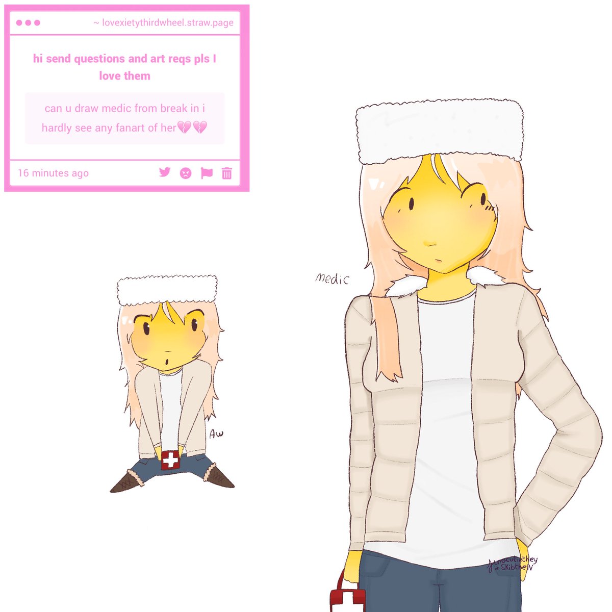 junocutiethey's tweet photo. I HOPE YOU MEANT THE BI2 MEDIC DESIGN BECAUSE IF YOU MESNT BI1 IM GONNA CRY😭😭 anyways medic break in Roblox art for strawpage anon!! Requests open on straw page for object show and break in related things btw hi 
#breakinroblox https://t.co/NBVBnIYjwd
