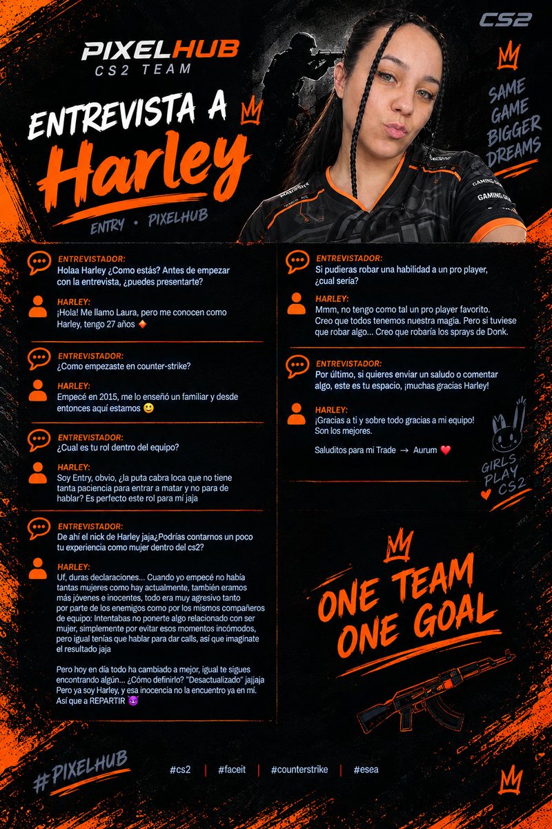 PixelHub_cs2's tweet photo. 🎙️ENTREVISTAS PIXELHUB | #02
Hoy toca conocer un poco más a nuestra Entry, Harley 🧡🖤
¿Por qué el rol de Entry le viene como anillo al dedo? 💀
¿Qué ha vivido como mujer dentro del CS?
Y si la ves entrar primera…corre,porque Harley no tiene paciencia.😈
🎯ONE TEAM. ONE GOAL. https://t.co/oLXTvGDGPV