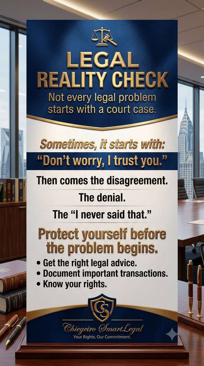 GODBEST1234's tweet photo. ⚖️ LEGAL REALITY CHECK

⚖️ LEGAL REALITY CHECK

Don’t wait for a legal problem before protecting yourself.

Get legal advice. Document important transactions. Know your rights.

— Chiegeiro SmartLegal
Your Rights. Our Commitment. https://t.co/SrmRaQfxoP