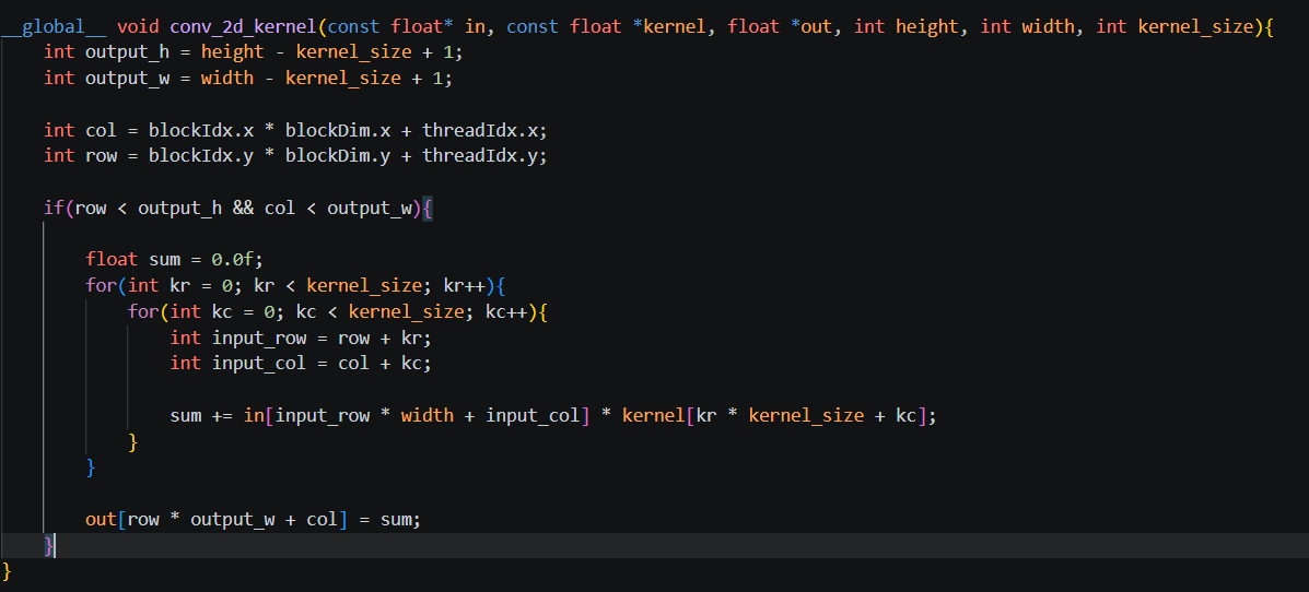 RedJOe_0608's tweet photo. Continued with CUDA today. Practiced previous kernels and wrote 2 new kernels: 
1. Convolution 2D
2. Softmax 2D

These are still the naive implementations, but the idea so far is simple: assign each GPU thread a calculation/operation that can be executed parallelly.

#CUDA https://t.co/GP7AhYHX8d