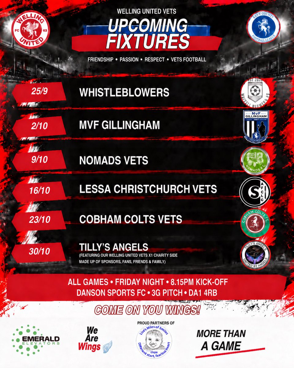 wuvetsfc's tweet photo. ⚽️ FOOTBALL FRIDAYS ⚽️ 

We have games scheduled for the next 6 Friday nights on the 3G at Danson Sports FC! 

All games 8.15pm kick offs, FREE Entry &amp; the bar open 🍻 

Come and support the older Wings 🪽 

#WeAreWings

#vetsfootball #nonleaguefootball #charityfootball https://t.co/2mcKuZjHRb