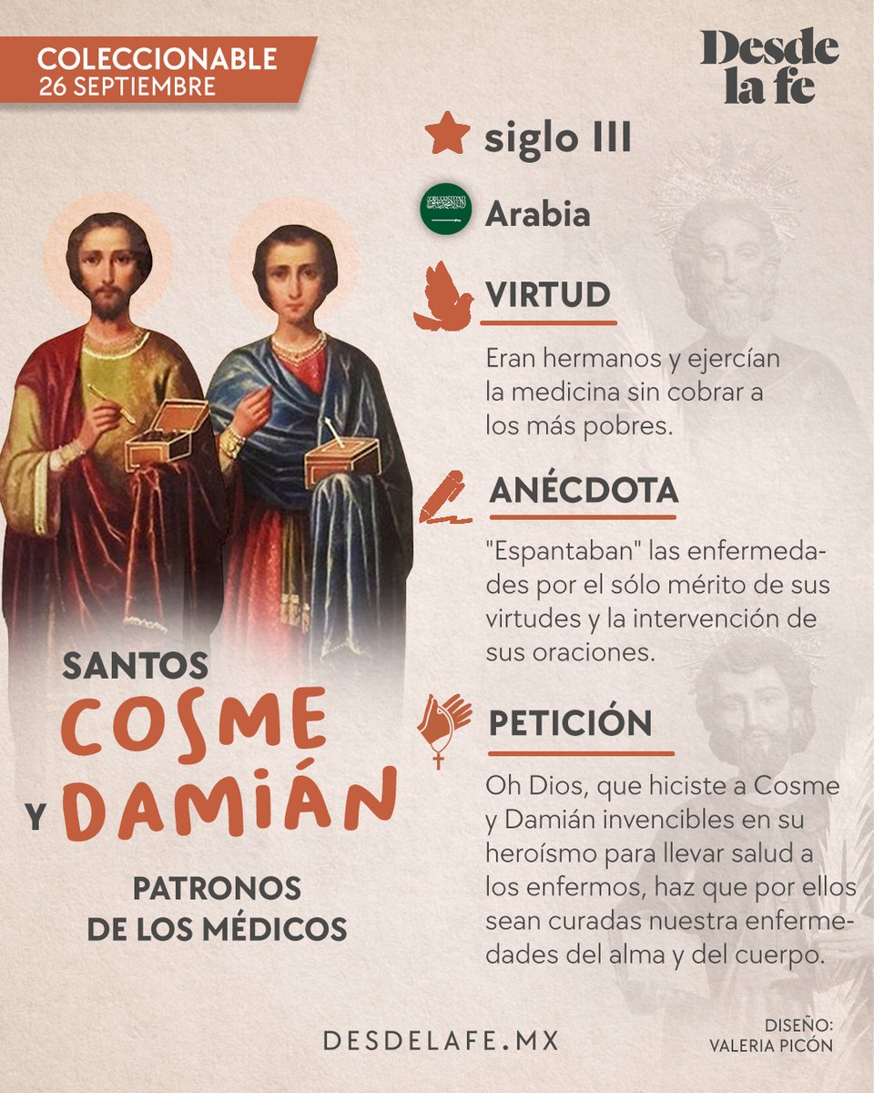 DesdeLaFeMx's tweet photo. La Iglesia recuerda a san Cosme y san Damián patronos de los médicos. ⛪😇

¿Sabes por qué lo son? Te explicamos: https://t.co/BO1kktoeaR

#SanCosmeyDamián #Iglesia #SantoralDLF https://t.co/0zuH5hsOIs
