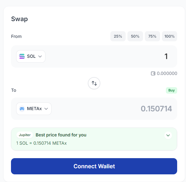 SwimmerFinance's tweet photo. @finkd Swap SOL or USDC to $META with real time price feed and aggregated comparison: https://t.co/s3KcNZ5Byo