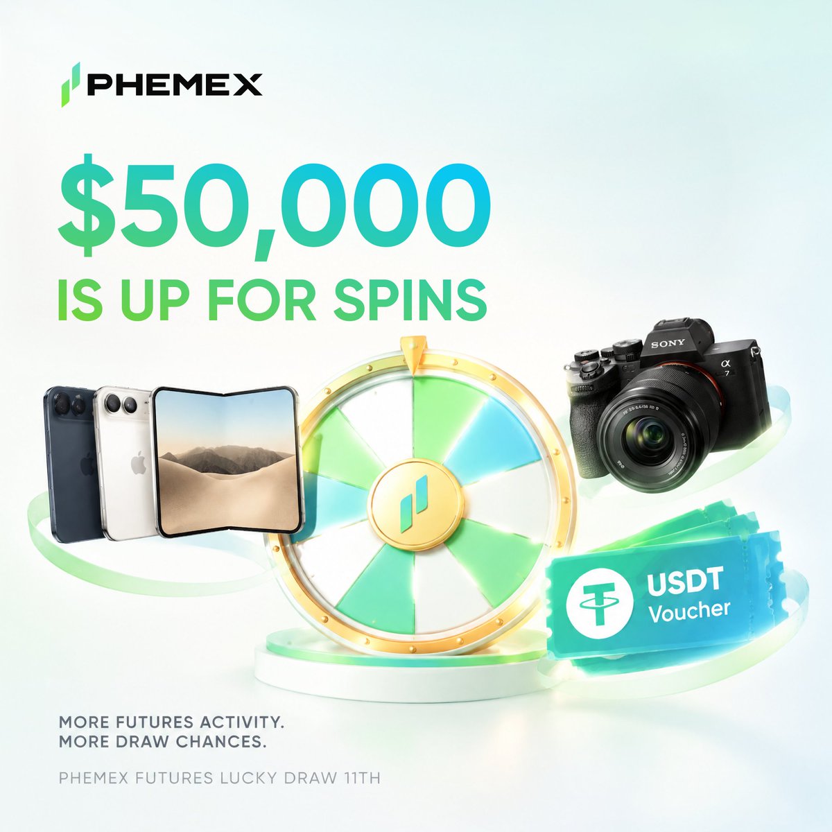 Phemex_official's tweet photo. Trade the setup. Spin for the upside. 🎁

Phemex Futures Lucky Draw 11th is live with a $50,000 prize pool. 👇

Complete Futures tasks, unlock draw chances, and stay active for more spins.

iPhone Duo. Sony α7 IV. Trading bonuses.
Every eligible participant wins.
Full details in the reply.