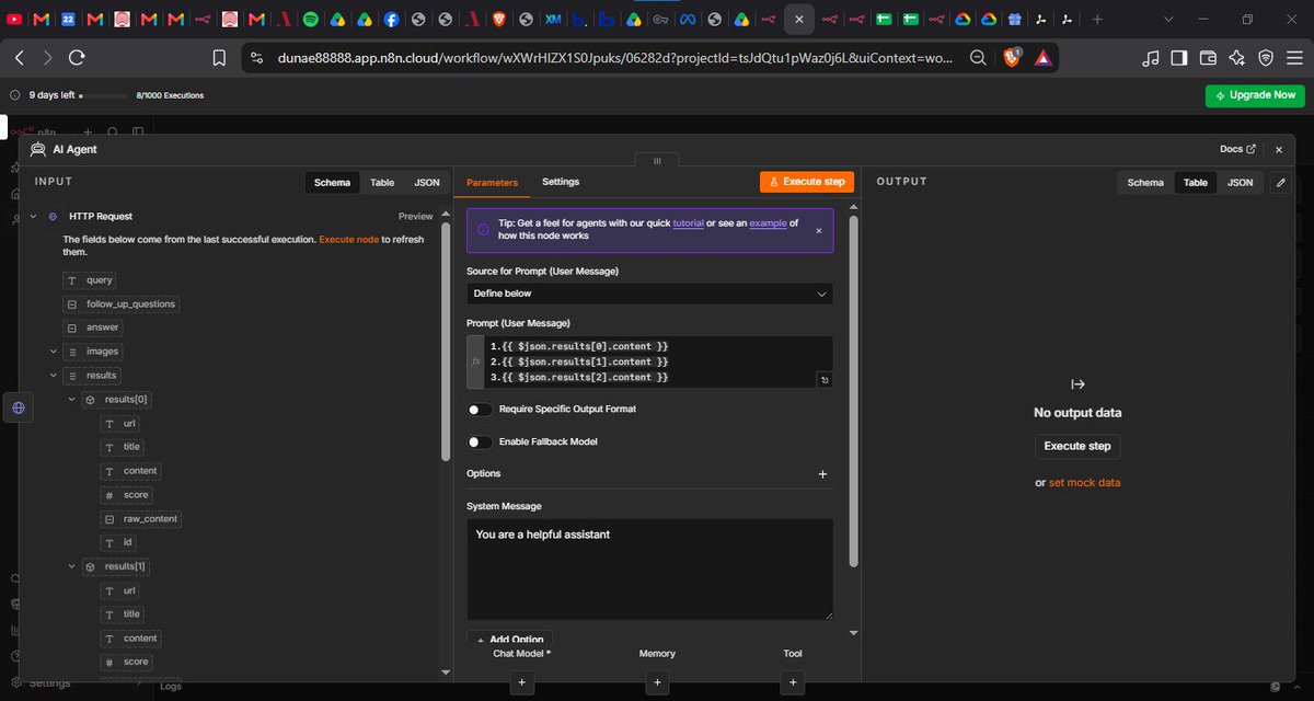 Web3Xeus's tweet photo. Day 4/30 🤖

Today was stressful and slow, but I still got the workflow working.

Google Sheets → Tavily → AI Agent → back to Sheets.

Not every day feels like progress, but we keep building. 🦾

#BuildInPublic #AIAgents #n8n #Automation https://t.co/hQhYtGUppN