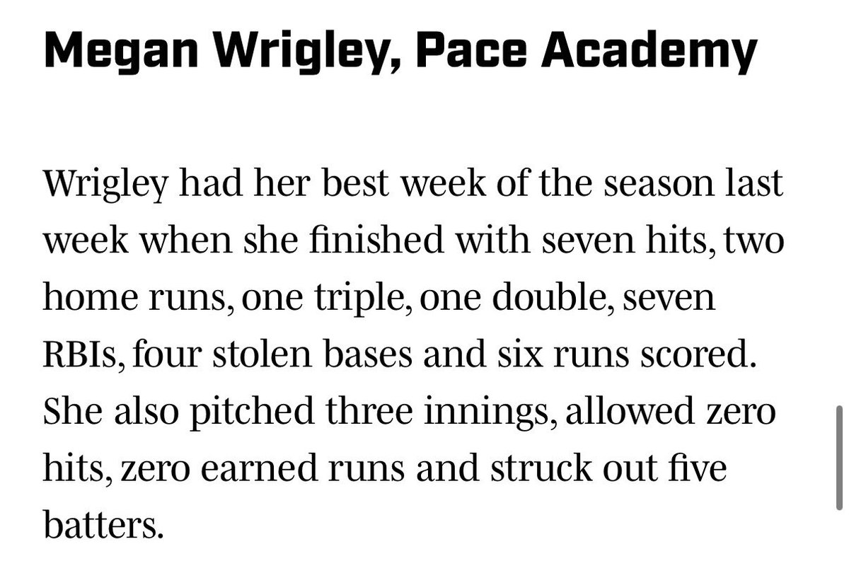 WrigleyMegan28's tweet photo. Excited to be nominated! Thank you so much @HSOnSIGA for the recognition! @PaceKnights @wfnationsoftbal https://t.co/iVBEUs7WHx