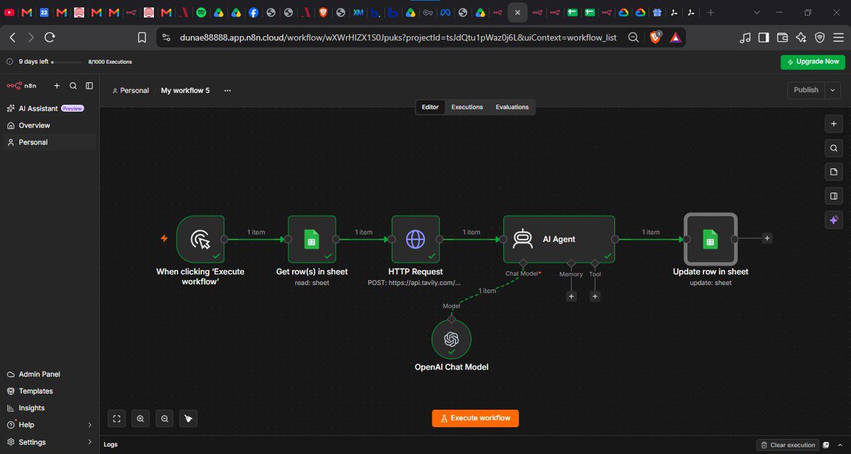 Web3Xeus's tweet photo. Day 4/30 🤖

Today was stressful and slow, but I still got the workflow working.

Google Sheets → Tavily → AI Agent → back to Sheets.

Not every day feels like progress, but we keep building. 🦾

#BuildInPublic #AIAgents #n8n #Automation https://t.co/hQhYtGUppN
