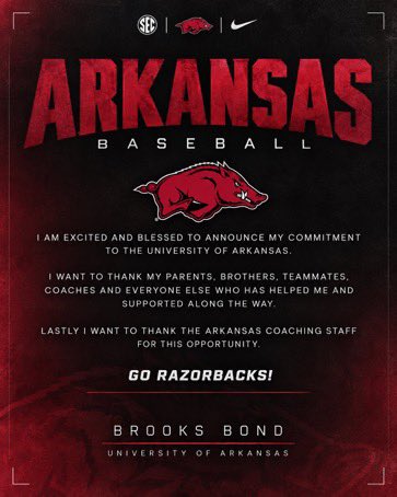 JJBond4's tweet photo. Hard work pays off! Playing the game you love the right is always rewarded! ⚾️ So proud of you @BrooksB0nd 🐗
@RazorbackBSB
#woopig
#nextstopSEC
#RazorbackNation https://t.co/6w6F18eX0w