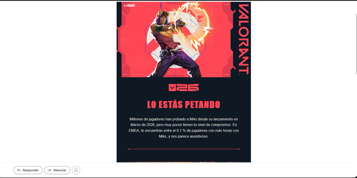 ar4nxx_'s tweet photo. Es un honor poder recibir este tipo de mails!❤️ He sido de las pocas personas que mas a jugado miks y es para mi uno de los mejores personajes. Gracias @VALORANTes @VALORANT por este bonito mensaje, se agradece mucho! @AdanasDev https://t.co/BsPP8kP8Mo