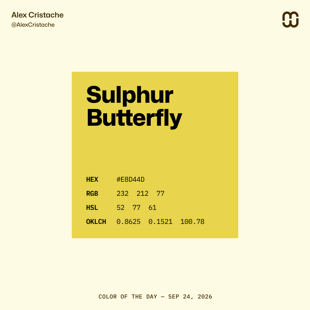 AlexCristache's tweet photo. "Sulphur Butterfly" – E8D44D - is our Color of the Day.
Sound dangerous... and smelly.
But it looks so delicately 🦋 beautiful!
#ColorOfTheDay #ColorInspiration https://t.co/Zfnbg0qBsf