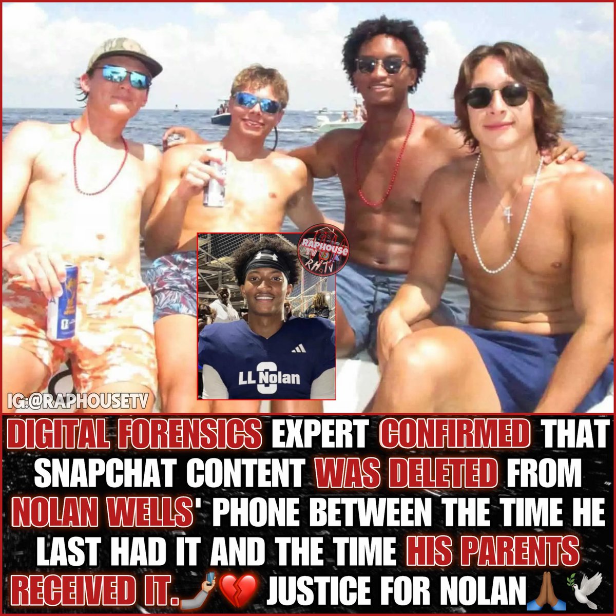 raphousetv2's tweet photo. A Digital forensics expert confirmed that Snapchat content was deleted from Nolan Wells' phone between the time he last had it and the time his parents received it.🤳🏼💔 JUSTICE FOR NOLAN🙏🏾🕊️ https://t.co/dcCzcOs4i8