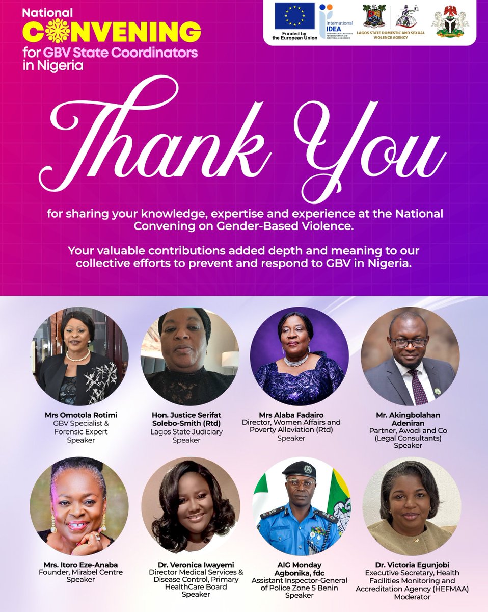 Lagosdsva's tweet photo. A convening of this magnitude is enriched by the people who bring their knowledge, experience and perspectives to the table.

We extend our sincere appreciation to all our distinguished speakers for sharing their expertise and contributing meaningfully to the National Convening on Gender-Based Violence.

Your insights added depth to the discussions and strengthened our collective efforts to advance GBV prevention and response in Nigeria.

Thank you for lending your voices, knowledge and experience to this important cause.

#LagosDSVA #SGBVItEndsWithUs #SGBVNotInMyLagos #AGreaterLagosRising #LASG @followlasg