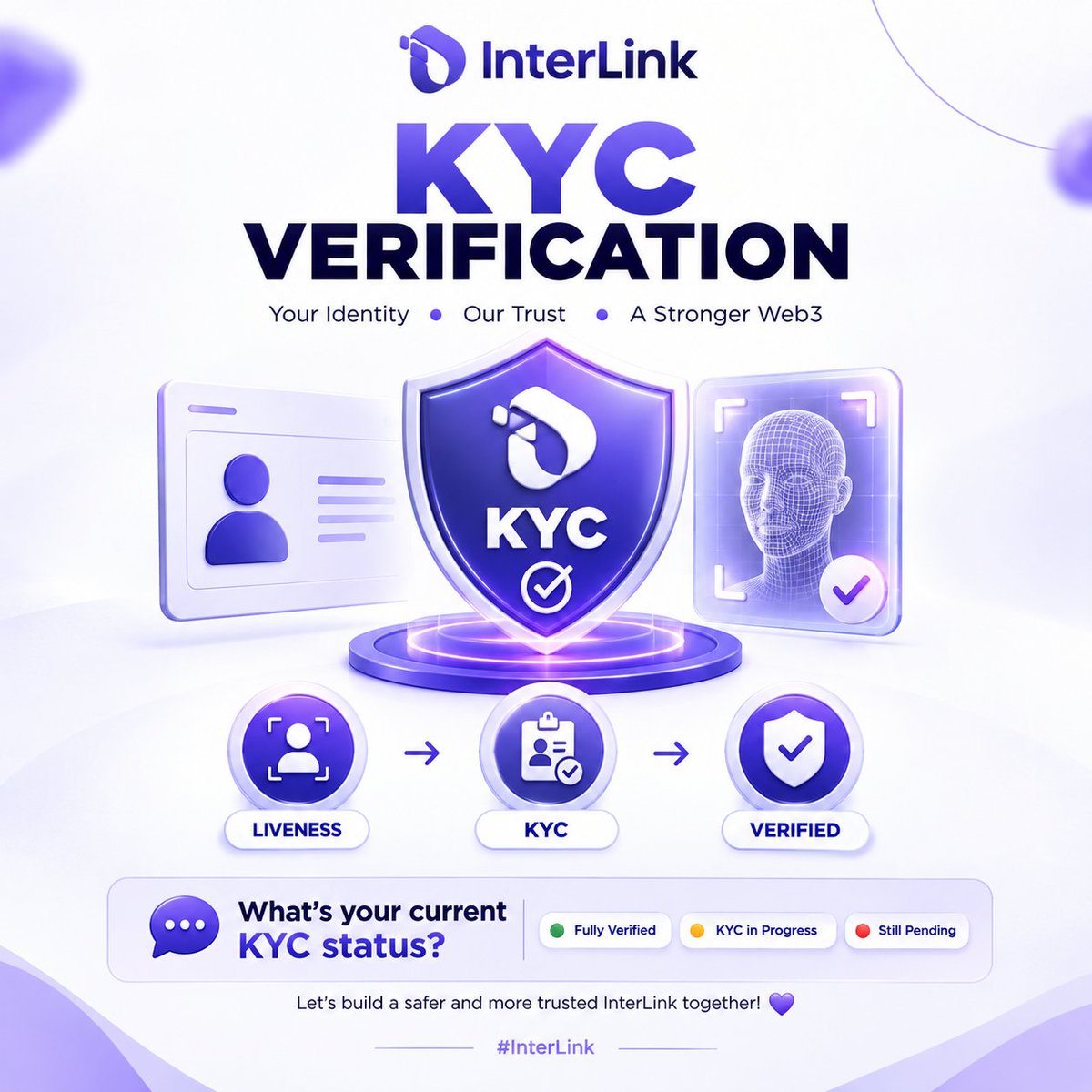 interlinklabspk's tweet photo. 🔐 InterLink KYC Verification Update

Liveness → KYC → ✅ Verified

KYC is an important step toward building a trusted Web3 ecosystem with verified identities.

What’s your current KYC status? 👇

🟢 Fully Verified
🟡 KYC in Progress
🔴 Still Pending

Let’s see how many Linkers are already verified! 💜

#InterLink #ITL #KYC #Web3