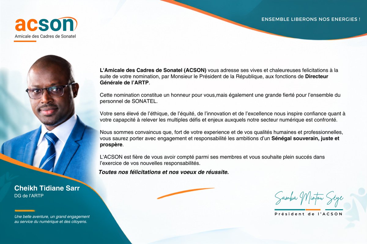 _Acson_'s tweet photo. L’ACSON adresse ses chaleureuses félicitations à Monsieur @TijaanSarr , nommé Directeur Général de l’ @Artp_Senegal.
Nous sommes fières de vous avoir compté parmi nos membres.
Ensemble, libérons nos énergies ! https://t.co/IQpePEo2zz