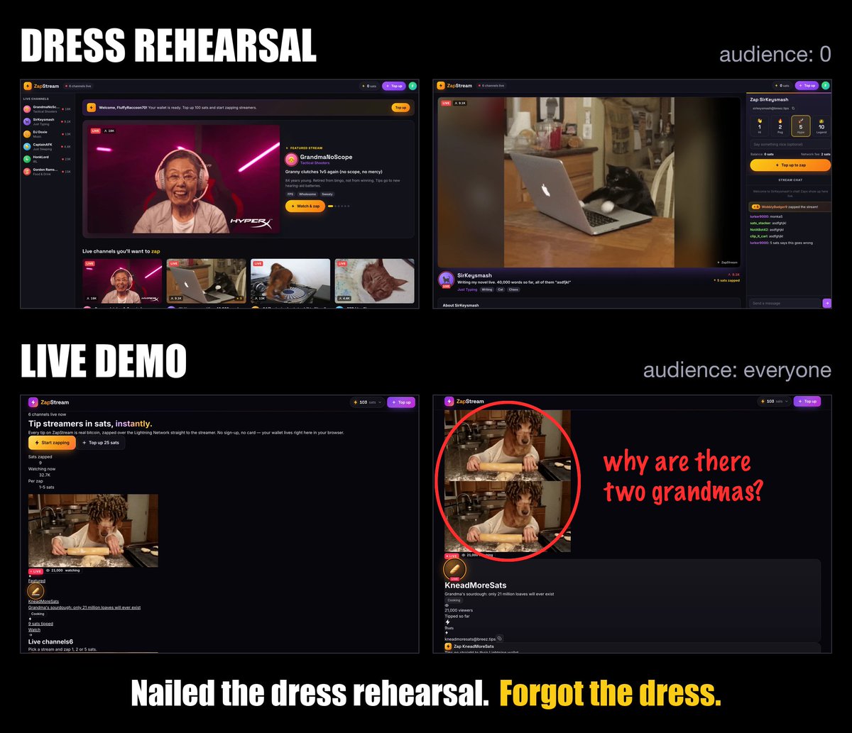 WitDeJesse's tweet photo. Did a single-prompt app build with Breez SDK during a @cuboplus workshop. The dress rehearsal this afternoon totally nailed it, the live build not so much! Ofcourse, darn demo-gods!

The dress rehearsal even had a playing livechat man!

BUT! The bitcoin part worked obviously! https://t.co/p5Fq5KL0Sb