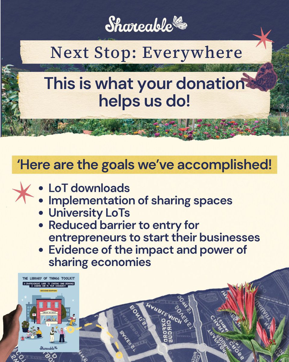 Shareable's tweet photo. Your donation helps reach our goals. Look at what we've accomplished:

-LoT downloads, Implementation of sharing spaces, University LoTs, Evidence of the impact and power of sharing economies.

There's still a chance to give and Fund the Journey.
https://t.co/CcGpdCzwGV https://t.co/ZkXyprle3P