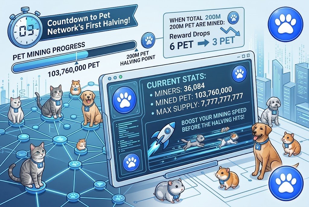 petnetworkteam's tweet photo. 🐾 Countdown to Pet Network's first halving is officially underway! 

When a total of 200M Pets are mined, the reward will drop from 6 Pet to 3 Pet.

📊 Current Stats:
• Miners: 36,084
• Mined Pet: 103,760,000
• Max Supply: 7,777,777,777

Boost your mining speed before the halving hits! 🚀

#PetNetwork #Mining #Halving #Web3 #PetCoin