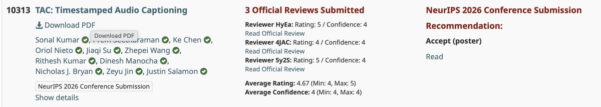 realsonalkumar's tweet photo. Excited to share that TAC has been accepted at NeurIPS 2026. 

TAC enabled timestamped audio captioning and speaker diarization in overlapping settings. TAC captions when combined with text-only reasoner achieves SOTA scores on most of the audio(-visual) benchmarks.

Work done at @Adobe with @pseetharaman, @urinieto, @justin_salamon, @ZeyuJin and others. Super exciting work. 

More here: https://t.co/Zonr3rKnJv
