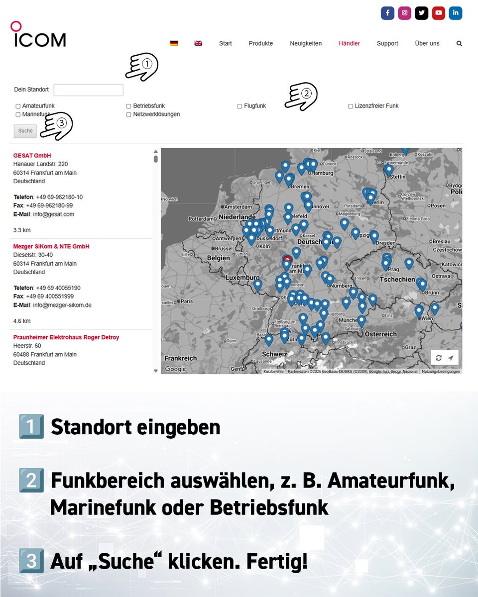icomeurope1's tweet photo. 📍 Icom-Funkgeräte in Ihrer Nähe entdecken
Vielleicht ist auch einer in Ihrer Stadt dabei!
Mit unserer Händlersuche finden Sie den passenden Ansprechpartner in wenigen Klicks.
👉 Jetzt Händler finden: https://t.co/xceq26PQ6I
#Icom #betrieb #Marine #Funkgeräte #Amateurfunk https://t.co/ffxNFj0wZD