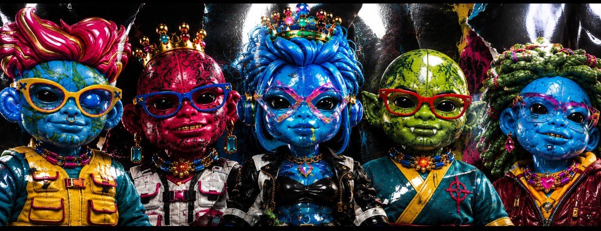 studiobellucia's tweet photo. A journey into the dark and strange 
— where vibrant creatures emerge from torn textures, glossy shadows, and mystical chaos. Five surreal beings, each carrying their own energy, caught between fantasy, street art, and a distorted reality. 🖤✨ 

What do you see hiding beneath the surface?