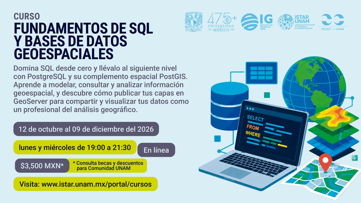 IGeografiaUNAM's tweet photo. Aumenta tus capacidades para traducir un problema territorial en un modelo de datos eficiente y en consultas accionables en el curso: 𝐅𝐮𝐧𝐝𝐚𝐦𝐞𝐧𝐭𝐨𝐬 𝐝𝐞 𝐒𝐐𝐋 𝐲 𝐁𝐚𝐬𝐞𝐬 𝐝𝐞 𝐃𝐚𝐭𝐨𝐬 𝐆𝐞𝐨𝐞𝐬𝐩𝐚𝐜𝐢𝐚𝐥𝐞𝐬

Inscripciones: https://t.co/Pjmgj1Eo4P https://t.co/yjEmezMKHP
