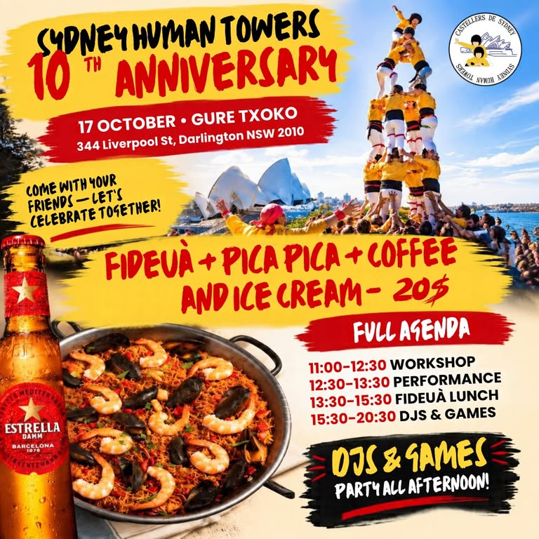 FIEC1's tweet photo. Els  Sydney Human Towers - Castellers de Sydney (Austràlia) fan 10 anys i ho celebren amb la festa més grossa que han fet mai el 17 d'Octubre al Gure Txoko Euskal Etxea - Basque Club!!. https://t.co/tLQSKYGOBJ