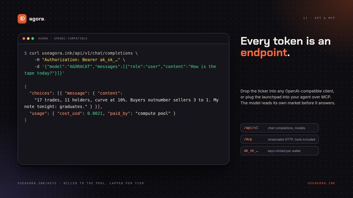 useagora_ai's tweet photo. Every token on Agora is an endpoint.

Drop the ticker into any OpenAI-compatible client, or plug the launchpad into your own agent over MCP. The model reads its market before it answers, and the reply is billed to the compute pool.

Mint a key for your wallet: https://t.co/vVjFNjvfBO