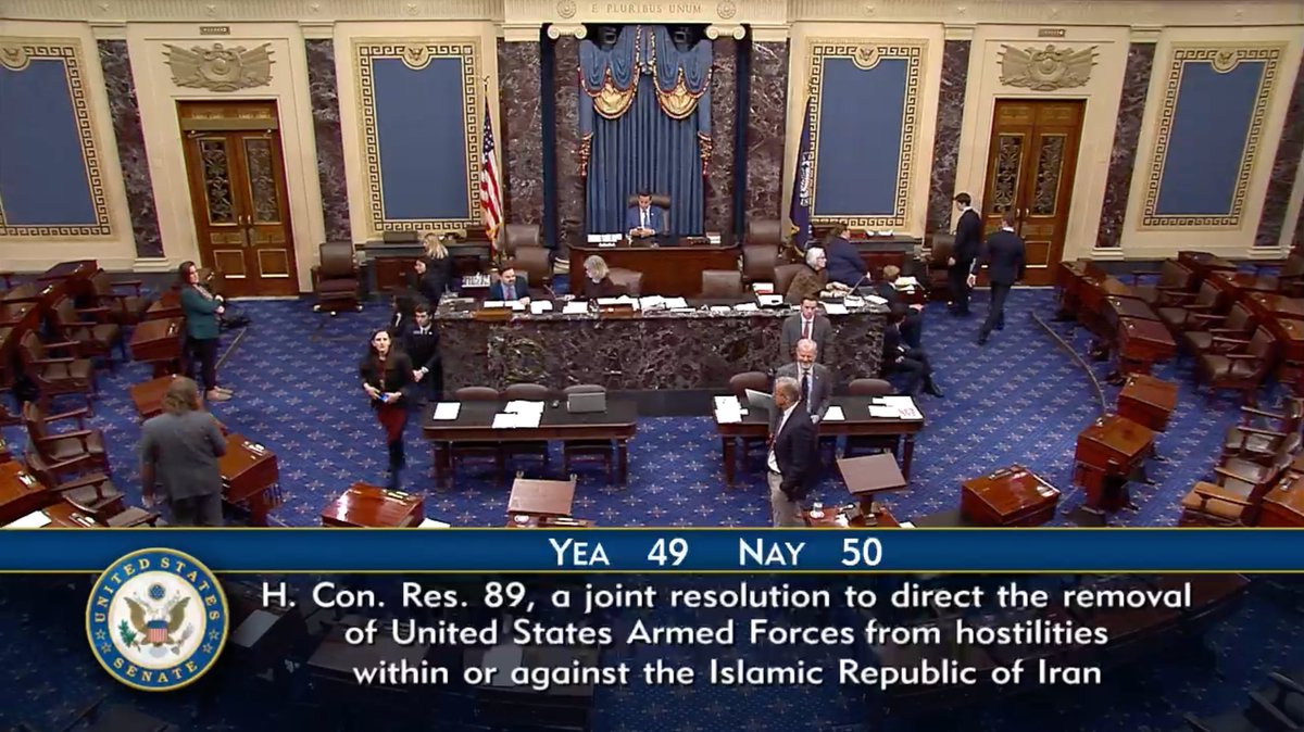 DemzDeliver's tweet photo. 🚨 BREAKING: Senate Democrats force a vote to remove U.S. forces from Iran and end the war.

Nearly every Republican voted no. https://t.co/n68ChKQvmo