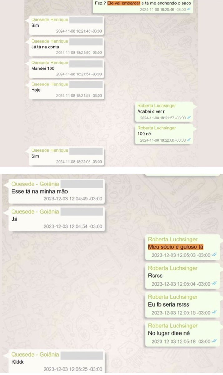 Pri_usabr1's tweet photo. “FAZ ESSE PIX, PORRA.” No WhatsApp, Roberta Luchsinger coordenava e cobrava pagamentos para Lulinha: R$ 100 mil e manda “deixar grana no Fábio”. 

Há depósito de R$ 26.809 na TTW “para Fábio”. Ela o chama de sócio: “meu sócio é guloso, tá”. https://t.co/2PQVxzokbd