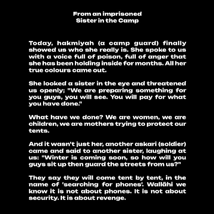 lostgreenbirds's tweet photo. Message from camp al roj. For Allah’s sake, don’t let them be forgotten. Remember them in your du’as. Their hardship is still ongoing, allahu musta'an https://t.co/BKfAj3mbTd