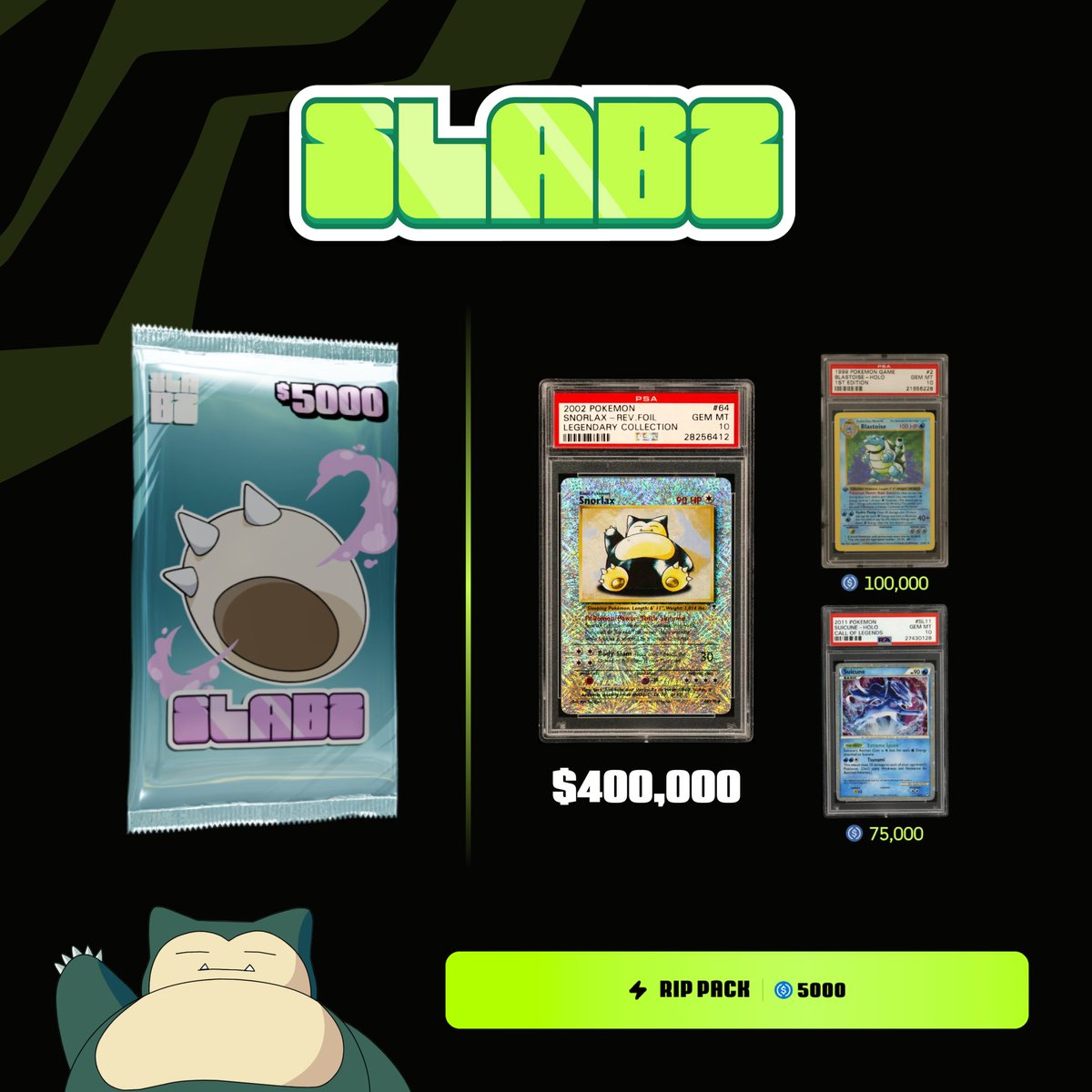 Slabzapp's tweet photo. THE BIGGEST CHASE ON THE INTERNET

Chase the $400k Legendary Reverse Holo Snorlax in our new exclusive pack

What would you do if you hit this? 👇 https://t.co/TMt8xuQlak