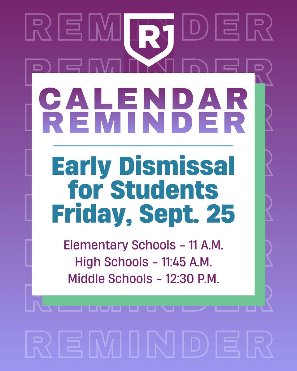RichlandOne's tweet photo. REMINDER: Tomorrow (Friday, September 25) is an early dismissal day for Richland One students. Elementary schools will dismiss students at 11 AM; high schools at 11:45 AM; and middle schools at 12:30 PM. https://t.co/BfI5wAeQrn