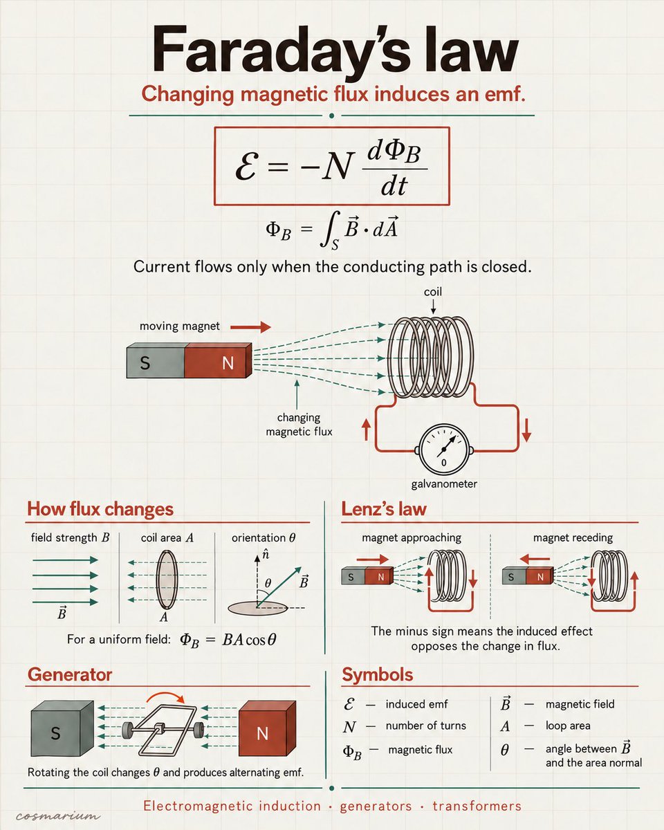 cosmarium's tweet photo. Faraday’s law states that changing magnetic flux induces an electromotive force. Flux can change through field strength, loop area, or orientation.

An induced current flows only when the conducting path is closed. Its direction opposes the change in flux, as described by Lenz’s law.

Rotating a coil through a magnetic field produces alternating voltage. This principle powers generators, transformers, and many electrical technologies.