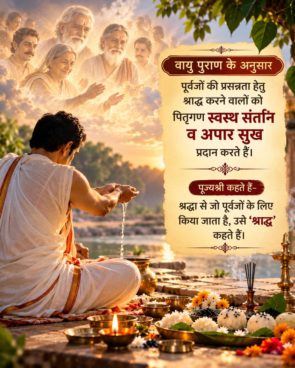 makarandmsgs's tweet photo. वायु पुराण के अनुसार पूर्वजों की प्रसन्नता हेतु श्राद्ध करने वालों को पितृगण स्वस्थ संतति व अपार सुख प्रदान करते हैं। पूज्यश्री कहते हैं- श्रद्धा से जो पूर्वजों के लिए किया जाता है, उसे ‘श्राद्ध’ कहते हैं। Shraddh Mahima #PitruPaksha https://t.co/hetJwb0BGC